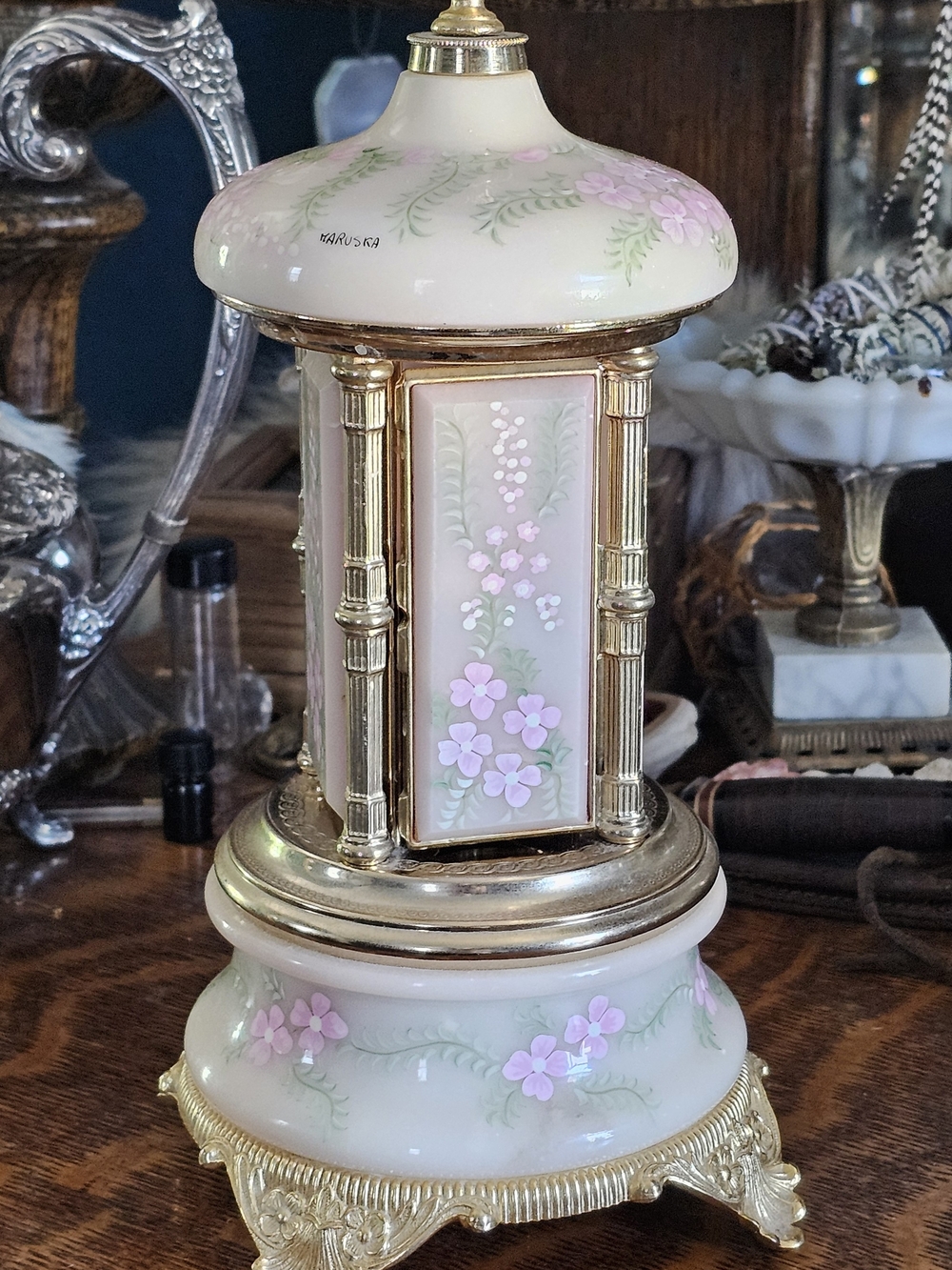Reuge Carousel Pink Floral with Gold Accents